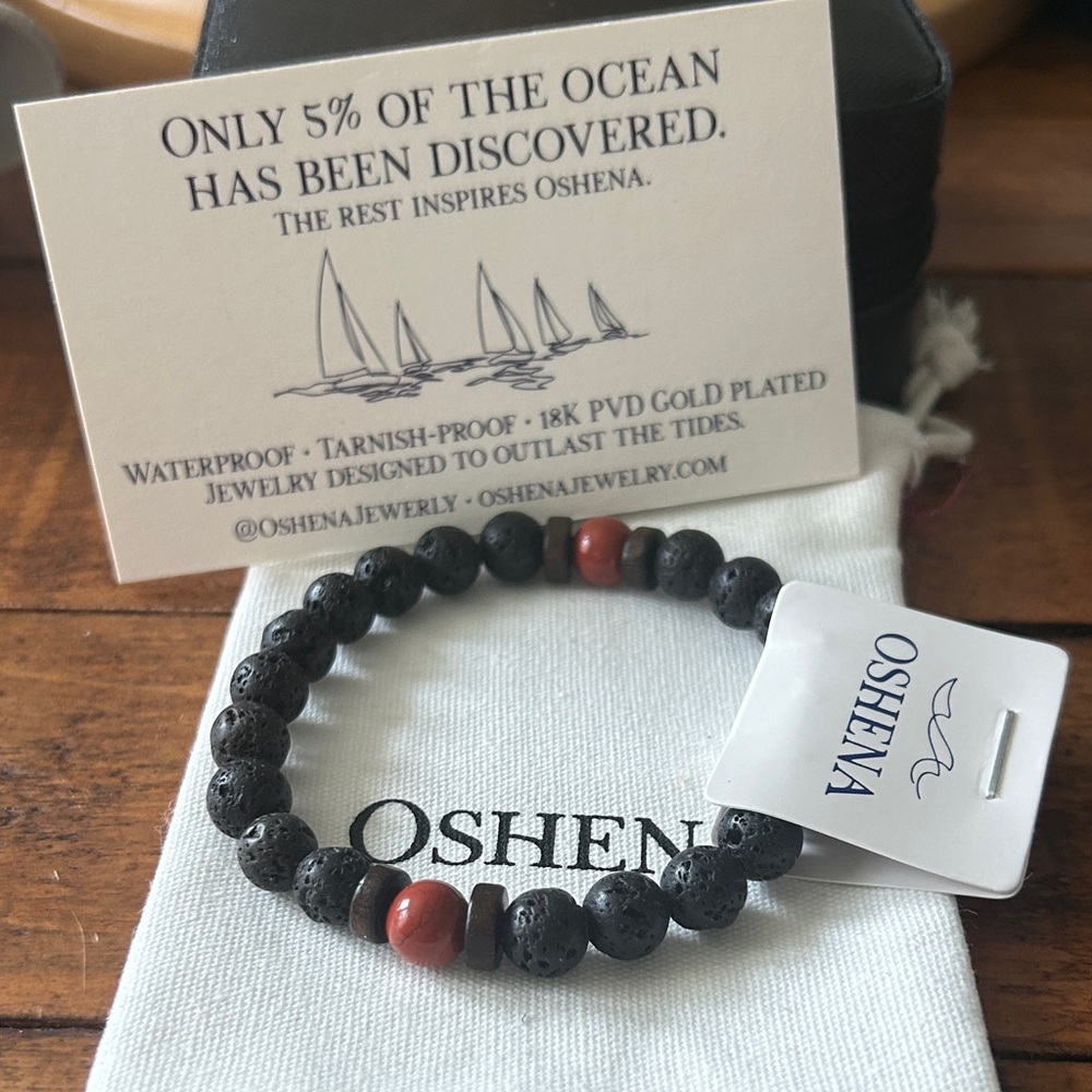 Oshena Designer Beachwear Black Lava Stone‎ & Red Jasper Beaded Bracelet UNISEX